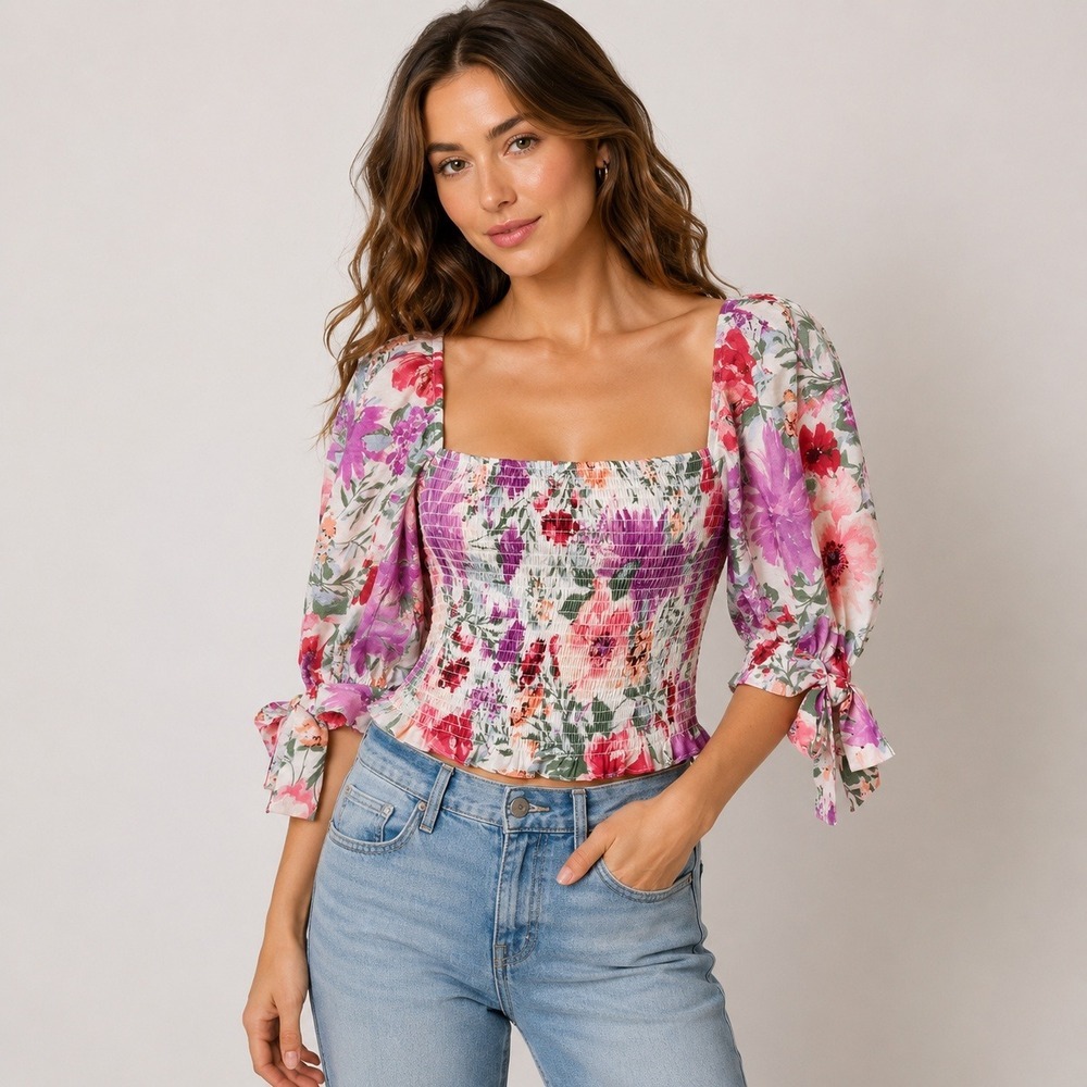 Express Floral Smocked Crop Top Puff Sleeve Tie Cuff S Cottagecore Boho Coquette